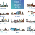 Set of 11 russian cities – Moscow, Saint Petersburg, Kazan, Volgograd and other. Vector Illustration. Russian architecture. Color silhouettes of famous buildings located in the cities